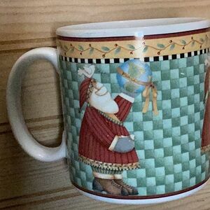 2000 Debbie Mumm Vintage Joy to the World Santa Claus Green Checkered Design Mug